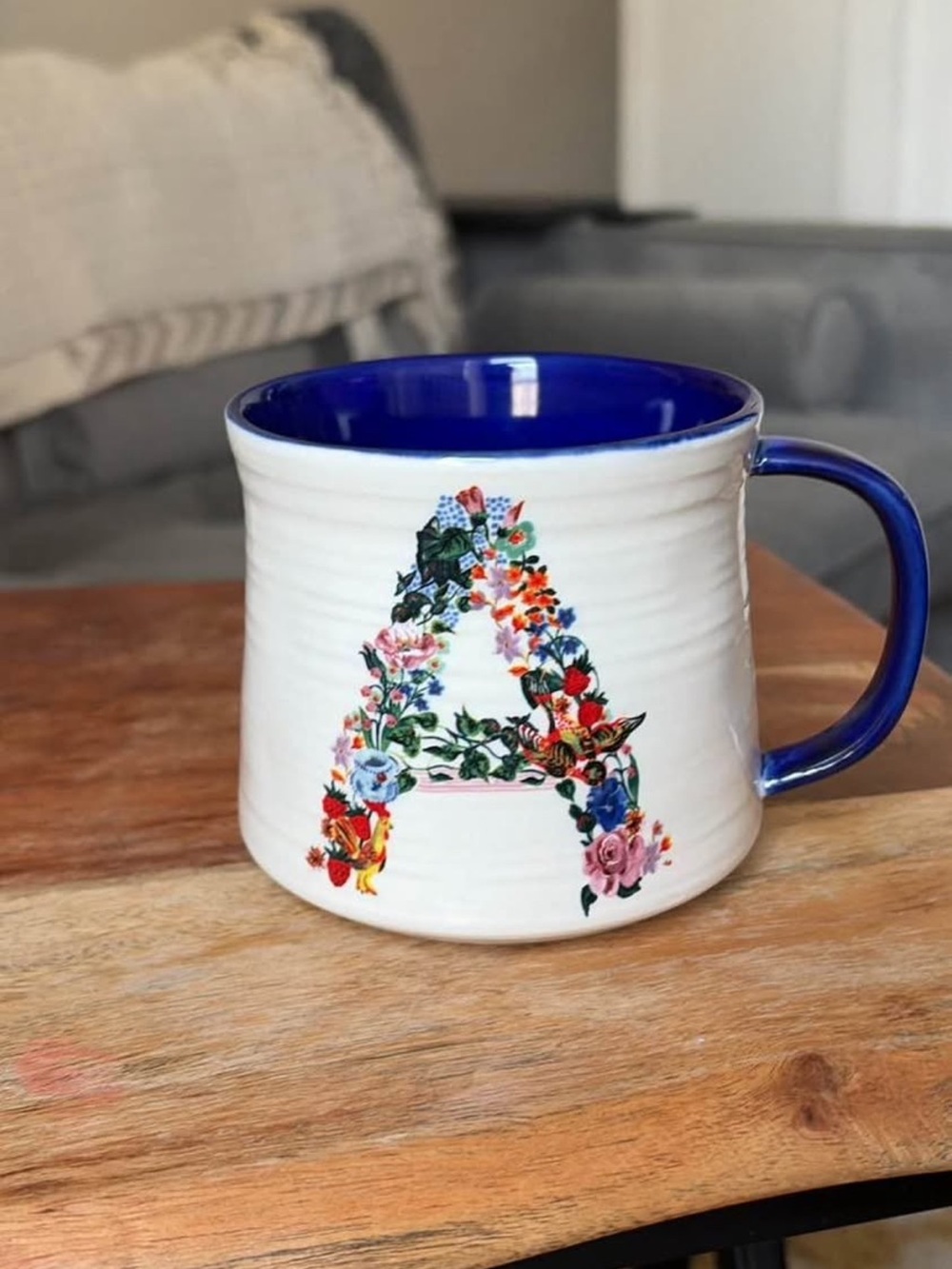 Anthropologie Blue White Floral 'A' Monogram Ceramic Coffee Mug